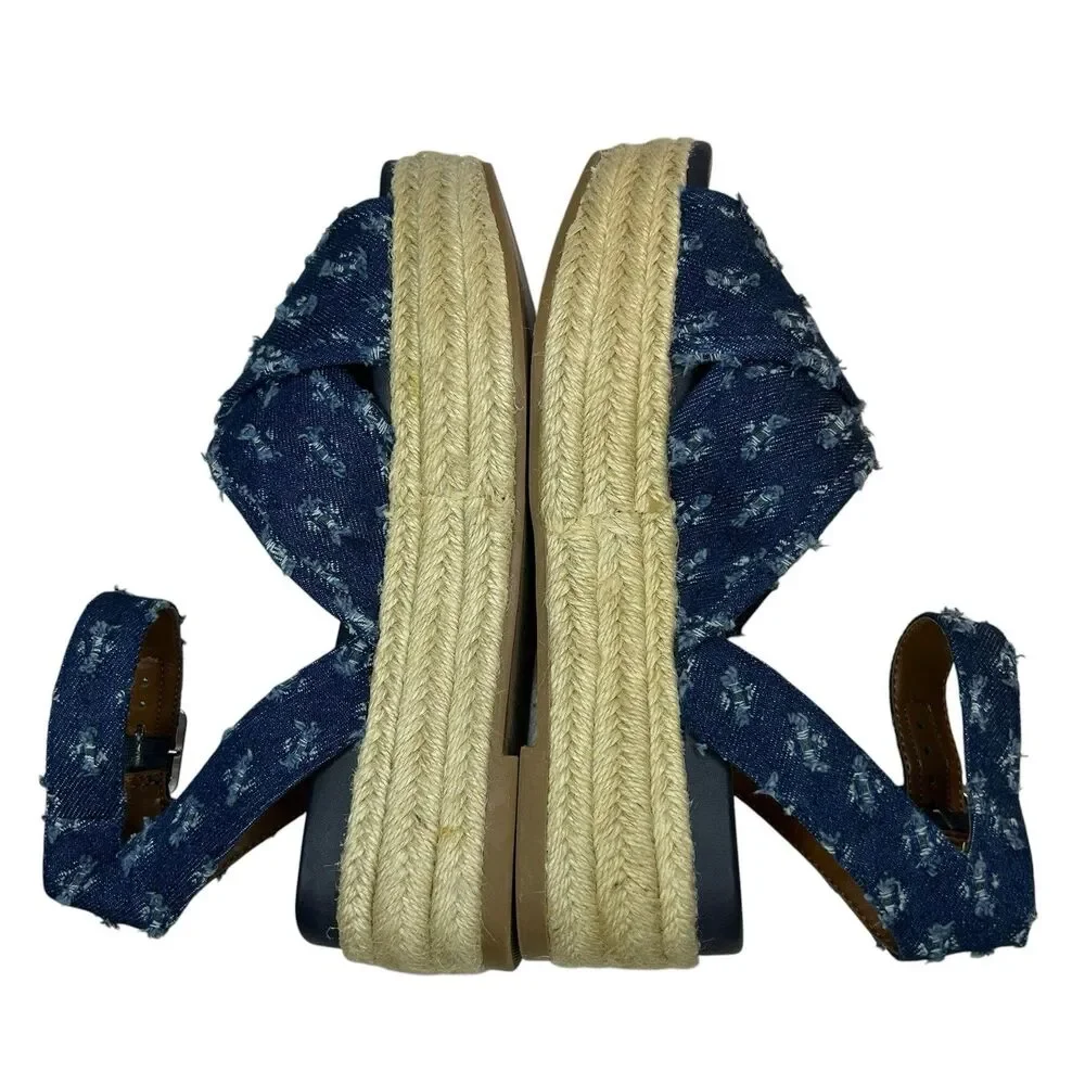 Nine West Espadrille Platform Sandals 6M Showrunner Denim Ankle Strap Open Toe